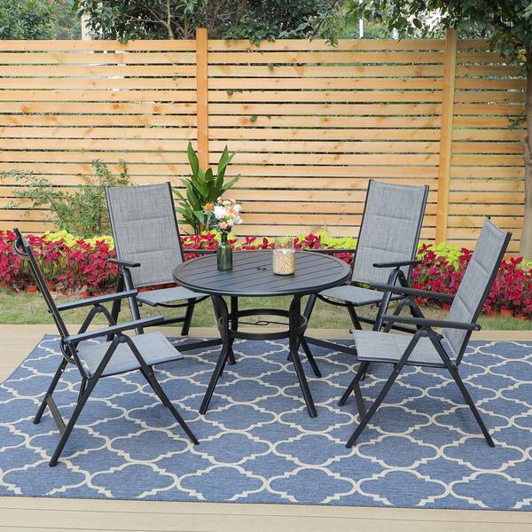 PHI VILLA Black 5-Piece Metal Slat Round Square Table Patio Outdoor Dining Set with Gery Folding Reclining Padded Sling Chairs