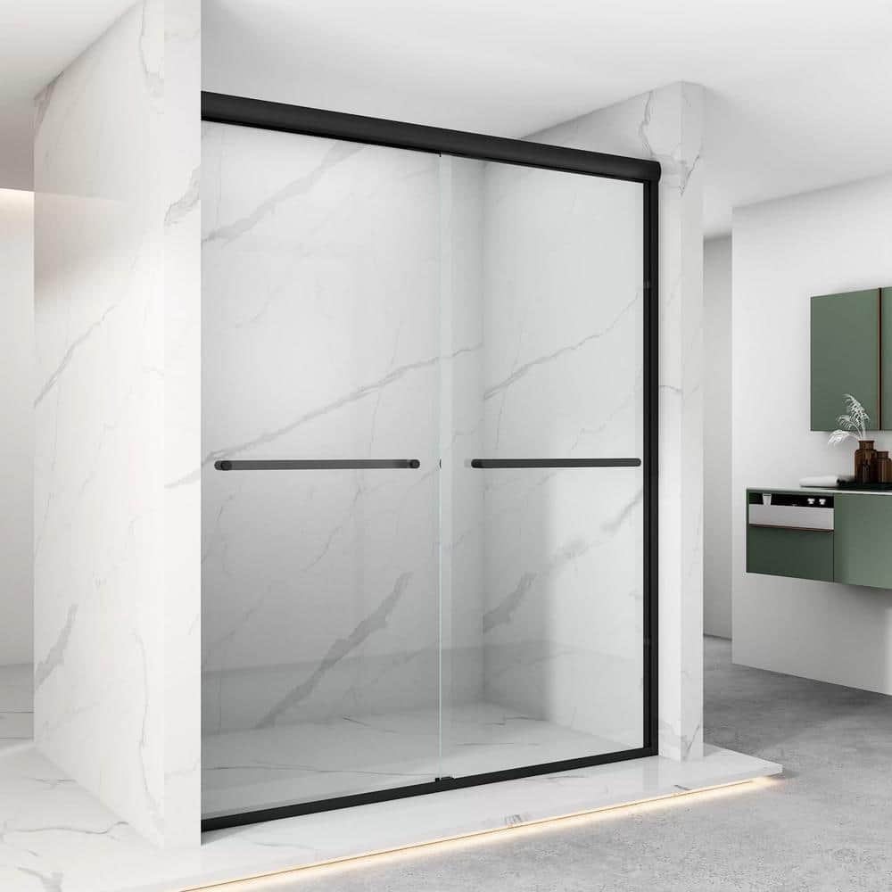 Black Double-Sliding Glass Shower Door with Stainless Steel Handles