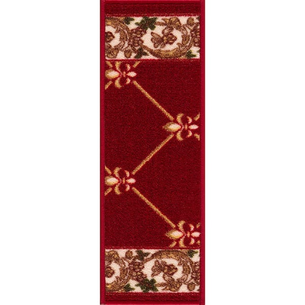 PLAYA RUG Fleur De Lis Burgundy Red 8.5 in. x 26 in. Polyamide Stair Tread Cover (Set of 3)