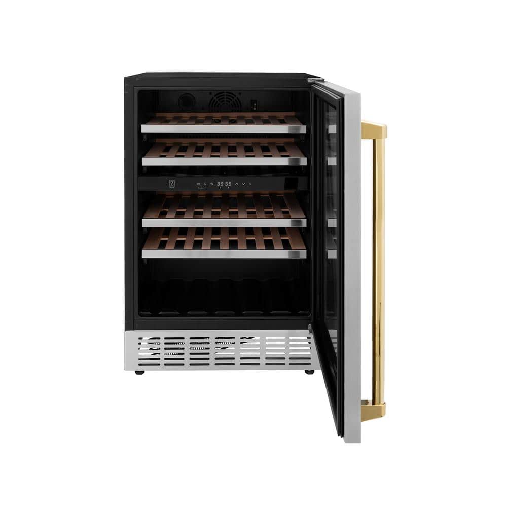 Stainless Steel Dual Zone Wine Cooler with Gold Handle and Interior Lighting