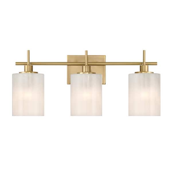 Meridian 22 in. W x 9.75 in. H 3-Light Natural Brass Modern Bathroom Vanity Light with White Strie Glass Shades
