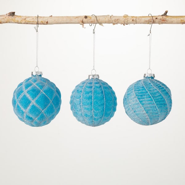 SULLIVANS 4 in. Embossed Icy-Blue Ornaments (Set of 3)