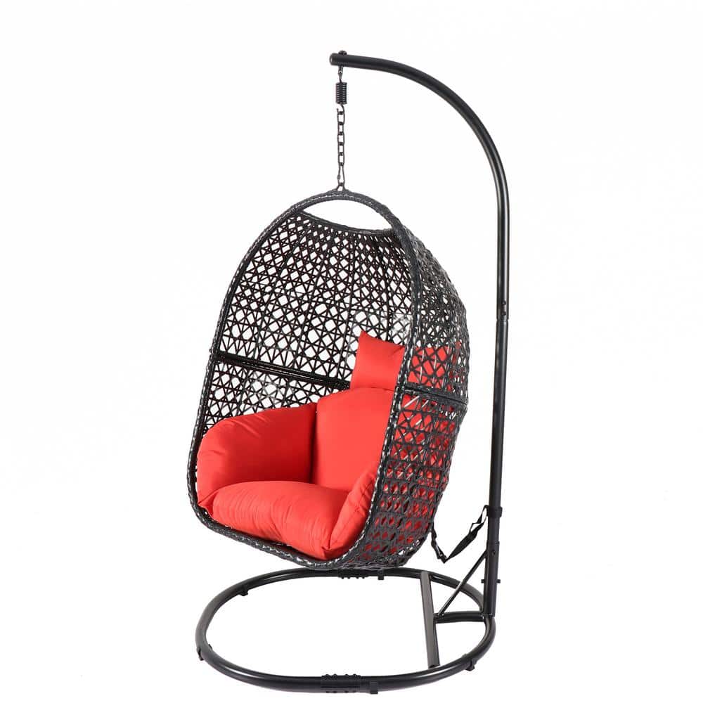 3.4 ft. Free Standing Hanging Egg Chair Hammock with Stand in Red Cushion