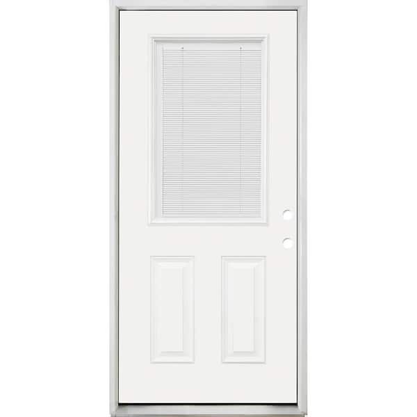 Steves & Sons Reliant 32 in. x 80 in. Left Hand 1/2 Lite Micro-Blind Clear Glass Wht Primed Fiberglass Prehung Front Door w/Brickmold