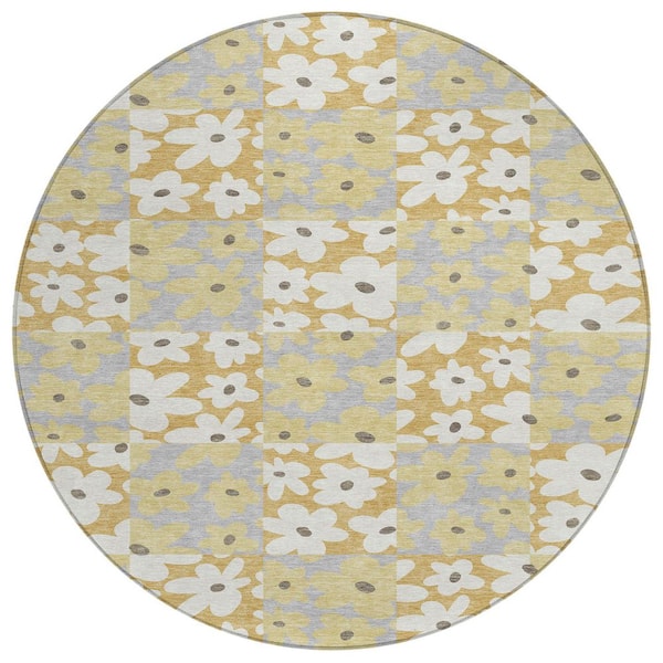 Chantille Machine Washable Indoor/Outdoor Abstract ACN2476 Gold 8 ft. x 8 ft. Round Rug