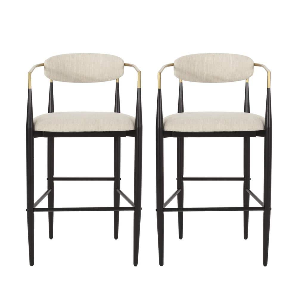Beige and Black Metal Barstools with Gold Accents, Set of 2