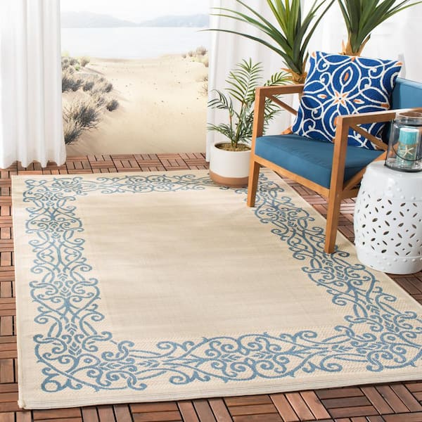 Courtyard Natural/Blue 7 ft. x 10 ft. Border Indoor/Outdoor Patio  Area Rug