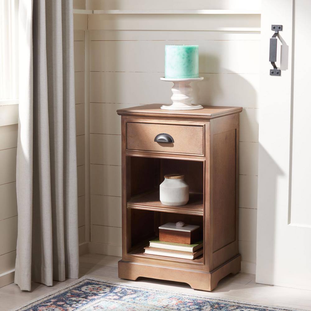 Beige Pine Transitional Rectangular Side Table with Storage