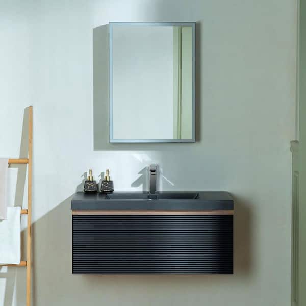 TN 35.38 in. W x 19.63 in. D Single Sink Floating Bath Vanity in Mature Oak with Matte Black Quartz Top