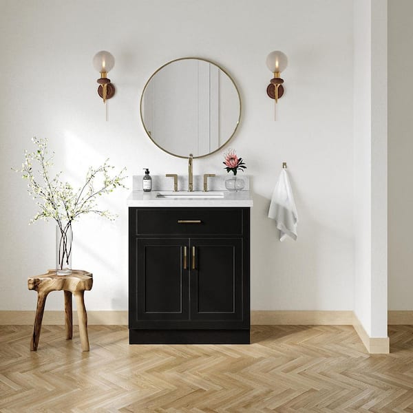 ARIEL Hepburn 30 in. Single Sink Freestanding Bathroom Vanity in Black with Carrara White Marble Top