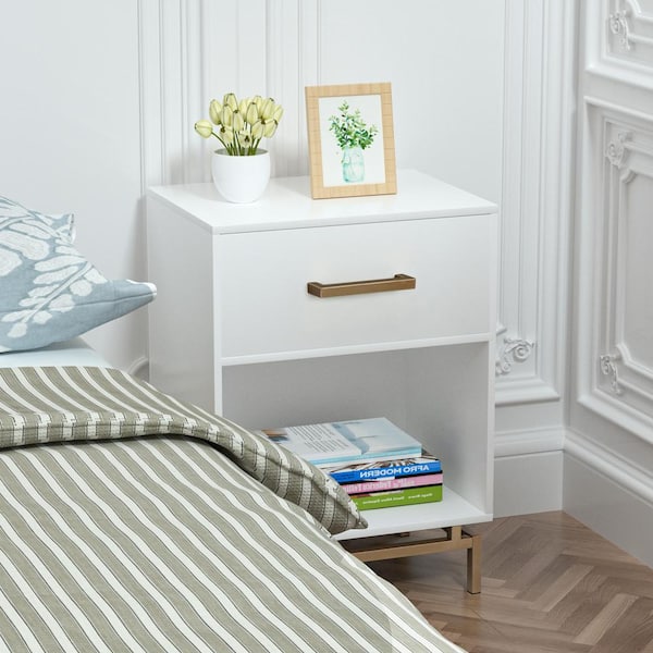 Aupodin 1-Drawer White Gold Wood Nightstand Accent Side End Table for Living Room Bedroom 18.9 in. W x 15.8 in. D x 24.8 in. H