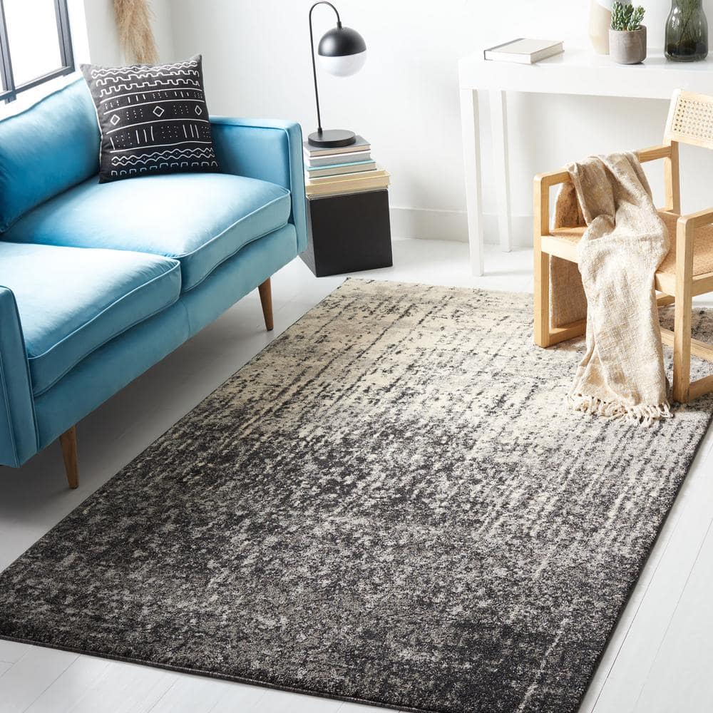 Mid-Century Abstract Black and Light Grey Shag Rug 6' x 9'
