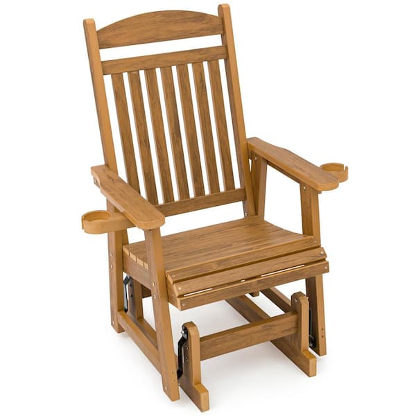 1-Person Poly Lumber Plastic Patio Glider with Cup Holders, High Backrest and Deep Contoured Seat, HIPS Material, Brown