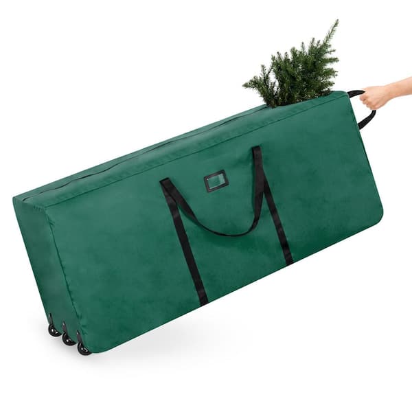 Red Christmas Tree Storage Bag for Artificial Trees Up to 9 ft. Tall - Rolling Wheeled Canvas Tote with Zipper Closure