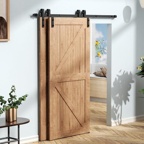8 ft./96 in. Black Steel Sliding Barn Door Track and Hardware Kit for Double Doors with Floor Guides (J-Shape Hanger) 8 ft./96 in. Black Steel Sliding Barn Door Track and Hardware Kit for Double Doors with Floor Guides (J-Shape Hanger)