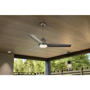 Fit 54 in. Outdoor Brushed Nickel Downrod Mount Ceiling Fan with Integrated LED with Remote Control Included