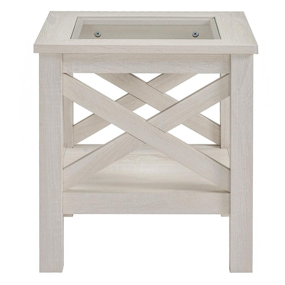 White Oak Wood and Glass End Table with Storage Shelf
