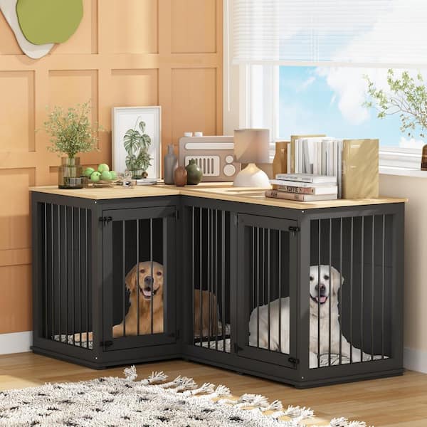 Wooden Dog Crate Furniture for 2 Dogs, Large Double Dog Kennel Corner Dog Pens Cage with Dividers for Medium Dog, Black