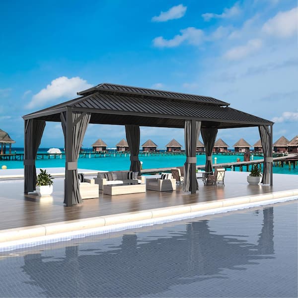 VEIKOUS 24 ft. W x 12 ft. L Aluminum Double Hardtop Gazebo with Curtains and Netting