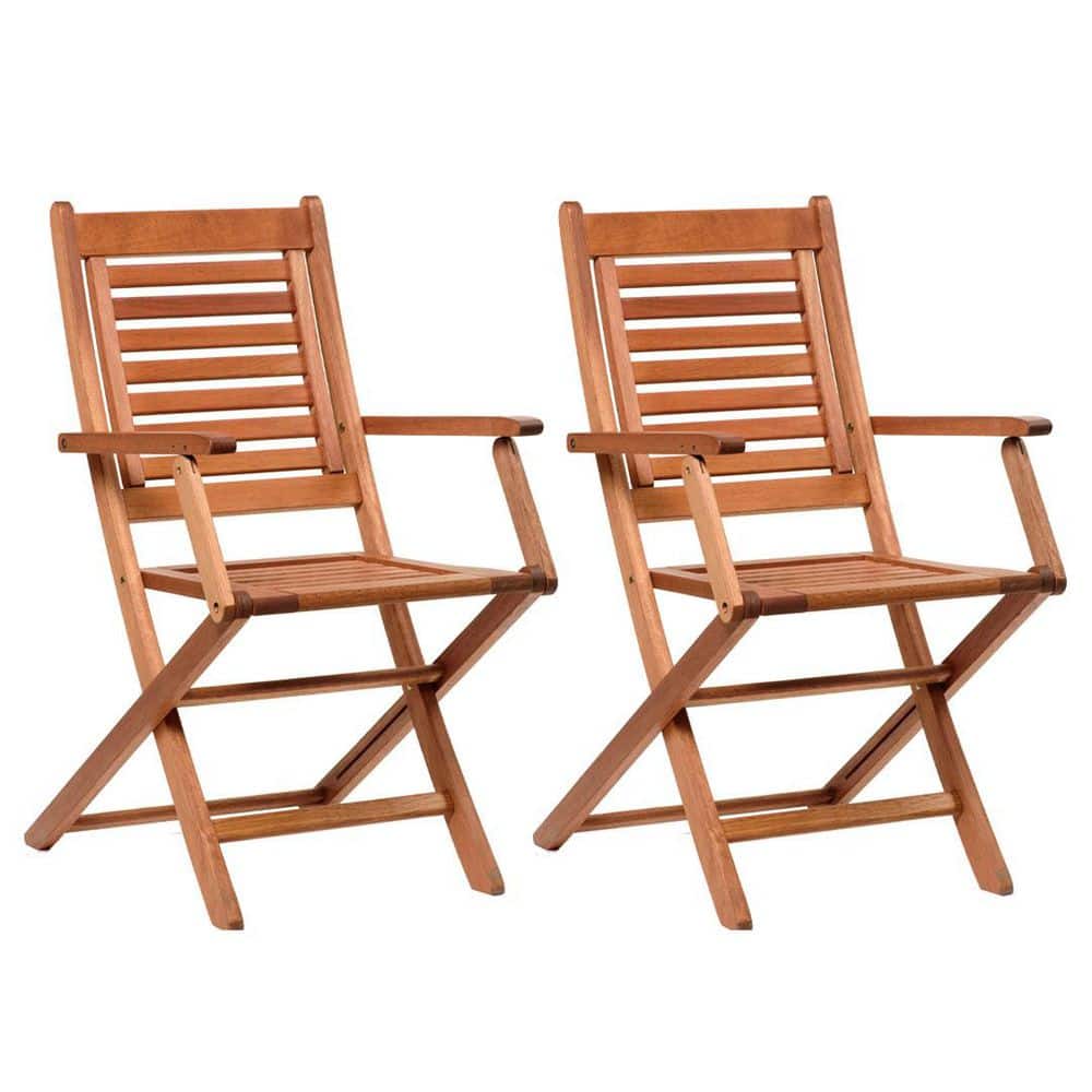 Two solid wood patio folding chairs with slatted backs and seats.