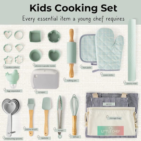 Kids Baking Kit - 38-Piece Set with Food Grade Silicone Tools, BPA/BPS Free, Sage Green - Ultimate Cooking Gift