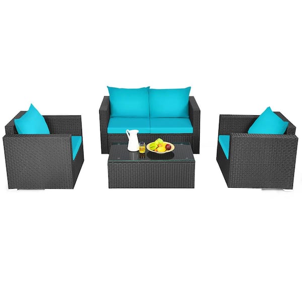 HONEY JOY Black 4-Pieces Wicker Patio Rattan Conversation Set Sectional Sofa and Coffee Table with Blue Cushions