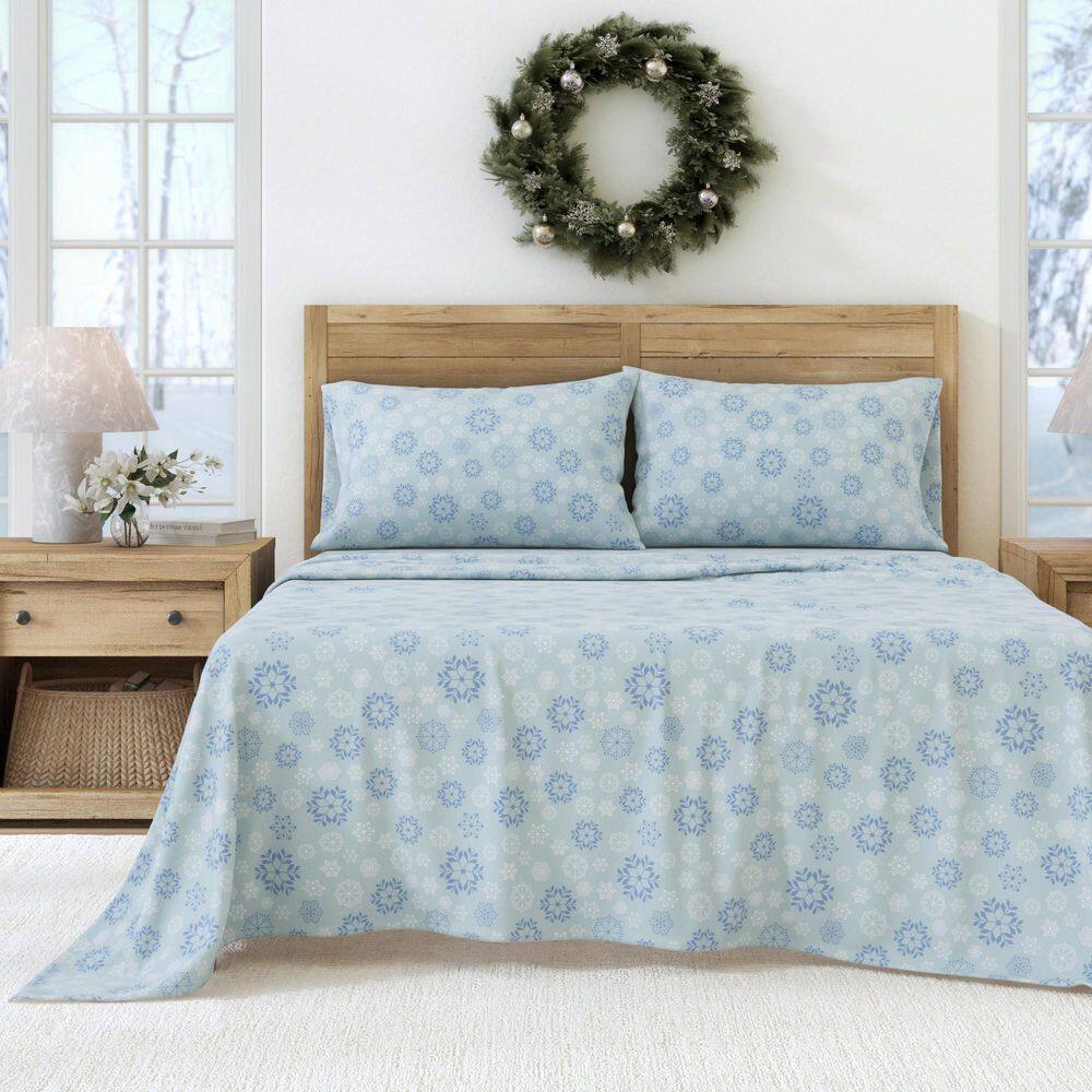 Turkish Cotton Holiday Printed Flannel Sheet Set, Queen, Blue Snowflake price history on PriceWatchPro