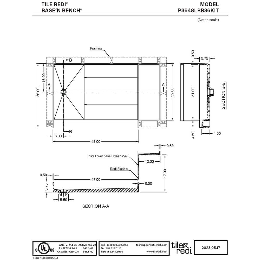 Polished Chrome 36" x 60" Rectangular Shower Base with Integrated Bench