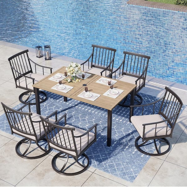 PHI VILLA 7-Piece Metal Patio Outdoor Dining Set with Brown Slat Table-Top and Swivel Stylish Chairs with Beige Cushion