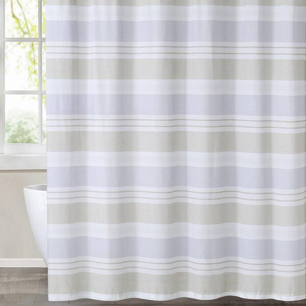 Cottage Classics 72 In Blue And Tan, Green And Brown Striped Shower Curtain