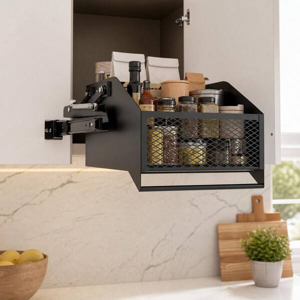 1-Shelf Black Drop Down Cabinet Mount Spice Organizer for Frameless High Kitchen Cabinets Pantry Snack Bottle Storage