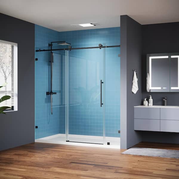 Logmey 72 in. W x 74 in. H Frameless Sliding Shower Door in Matte Black with Clear Glass