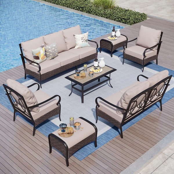 PHI VILLA Black 7-Piece Rattan 9 Seat Steel Outdoor Patio Conversation Set with Beige Cushions, 2 Ottomans, Wood-Grain Top Table
