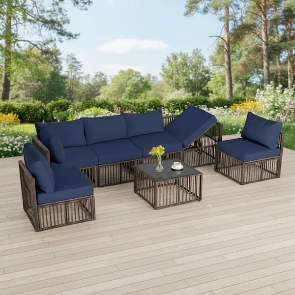 7 Pieces Brown Metal Outdoor Sectional Set with Adjustable Backrest Sofa and Blue Cushions for Garden