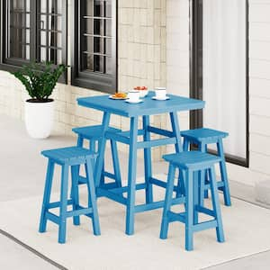 Laguna 5-PC Fade Resistant HDPE Plastic Outdoor Patio Square Counter Height Bistro Set, Matching Barstools Pacific Blue