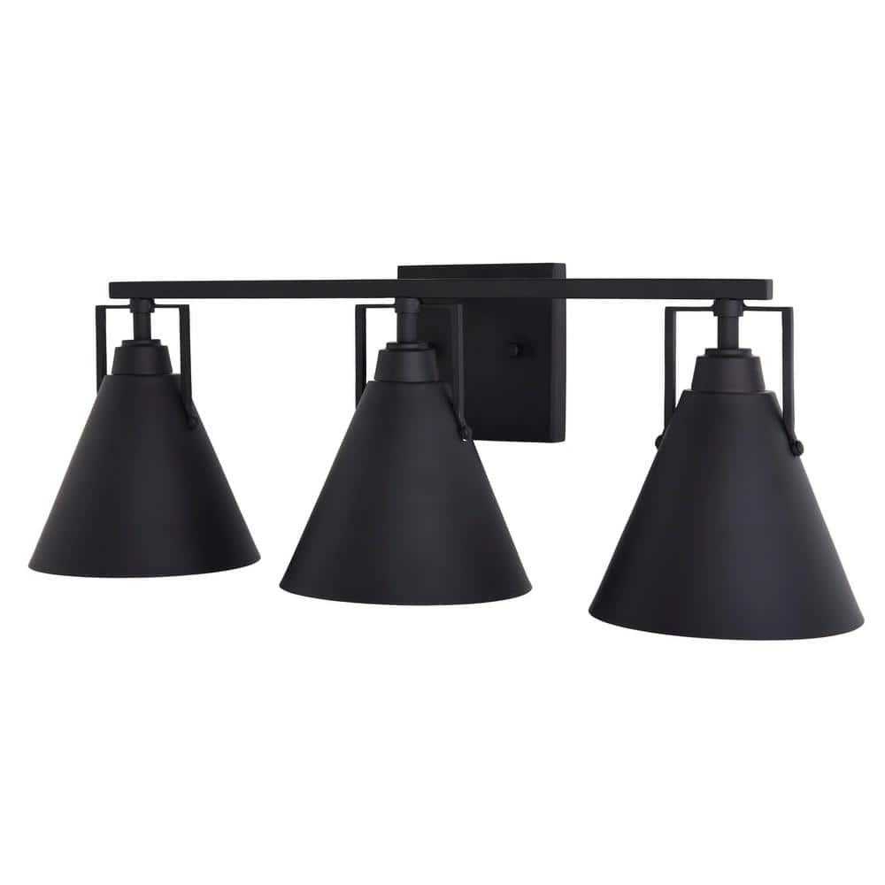 Home Decorators Collection Insdale 3-Light Matte Black Modern Industrial Bathroom Vanity Light with Metal Shades