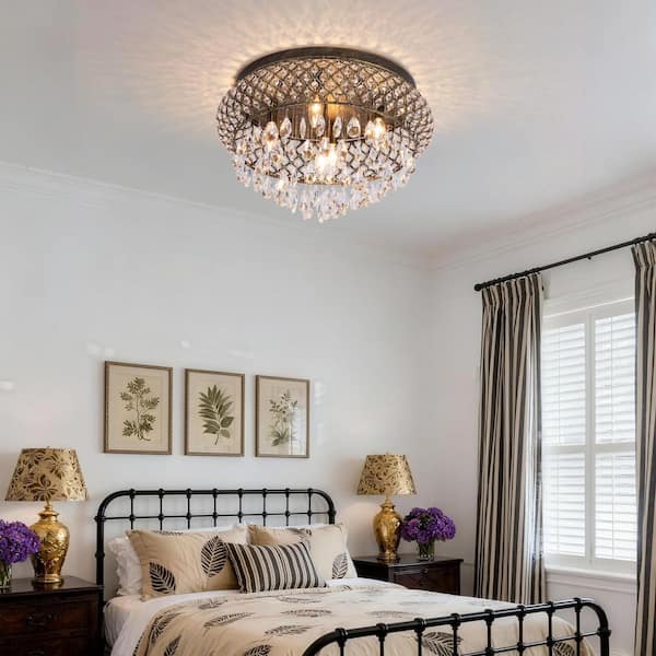 Jackson 5-Light 19.7 in. Cage Antique Bronze Crystal Modern Flush Mount Lighting for Bedroom Ceiling Lights Fixtures