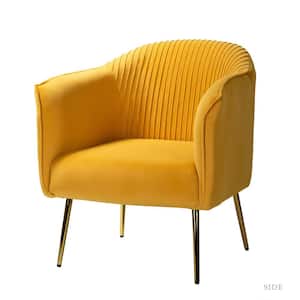 Auder Contemporary Mustard Velvet Accent Barrel Chair with Ruched Design and Golden Legs