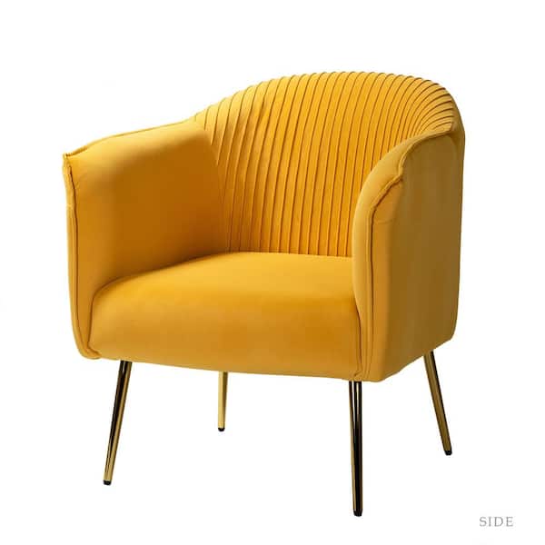 JAYDEN CREATION Auder Contemporary Mustard Velvet Accent Barrel Chair with Ruched Design and Golden Legs