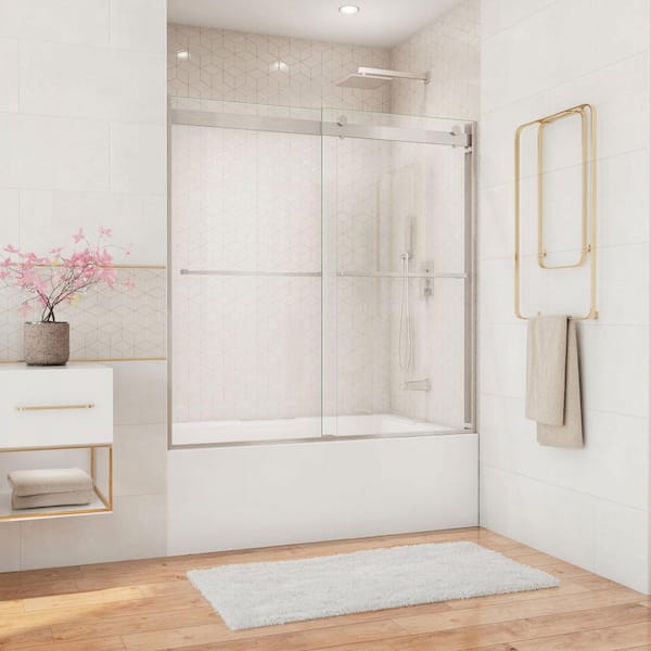 Essence 60 in. W x 60 in. H Sliding Frameless Tub Door in Brushed Nickel with Clear Glass