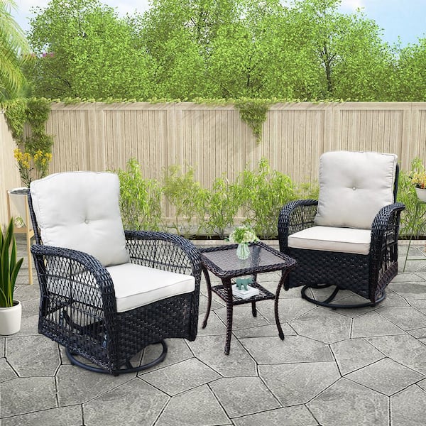Maypex Dark Brown 3-Piece Wicker Swivel Patio Conversation Set with Beige Cushions
