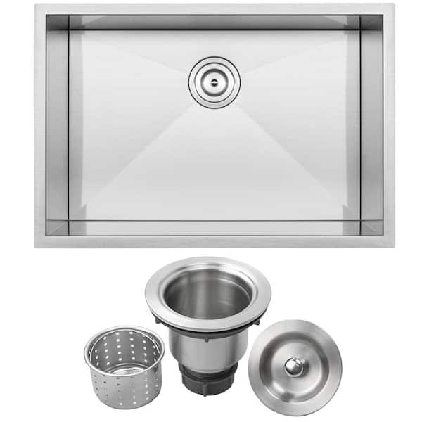 Ticor Pacific Zero Radius Undermount 16-Gauge Stainless Steel 28 in. Single Basin Kitchen Sink with Basket Strainer