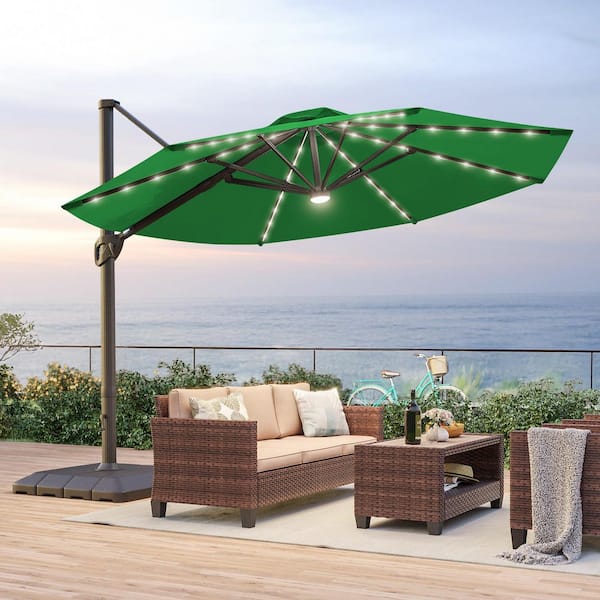 11 ft. Solar LED Round Aluminum Cantilever Outdoor Patio Umbrellas with Base Stand in Kelly Green