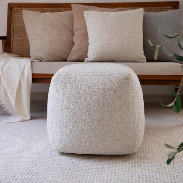 Unbranded Solid Mid-Century Modern Hand Woven Ivory Boucle Square 18 in. Pouf