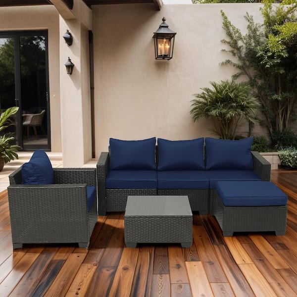 Dark Coffee 6-Piece Wicker Patio Conversation Set with Dark Blue Cushions