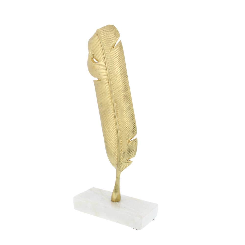 Gold Metallic Bird Feather Sculpture with Marble Base, 12" Height