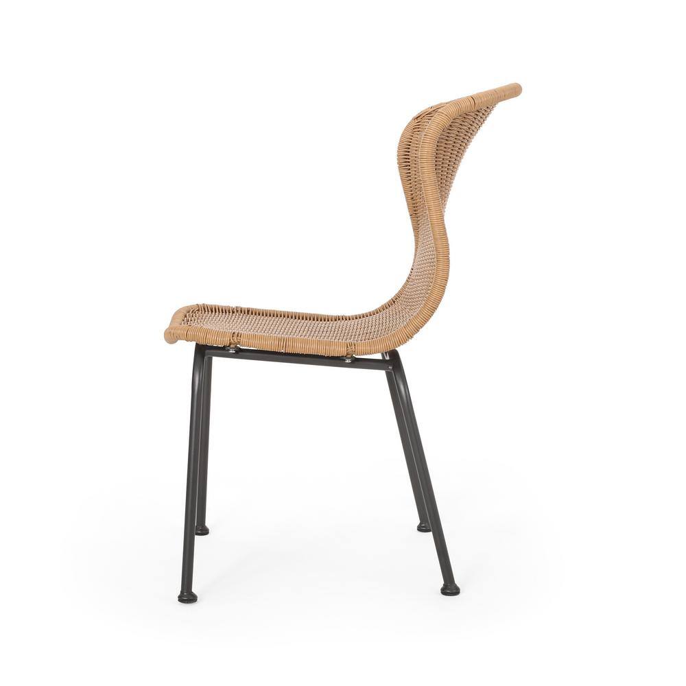 Light Brown Wicker Armless Dining Chair with Black Iron Frame