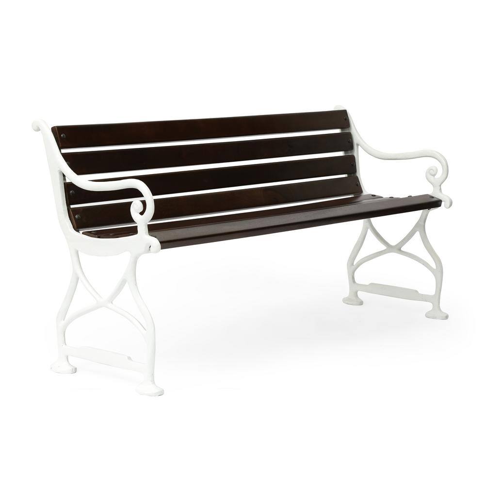 Rustic Brown Acacia & White Iron Floral Outdoor Bench