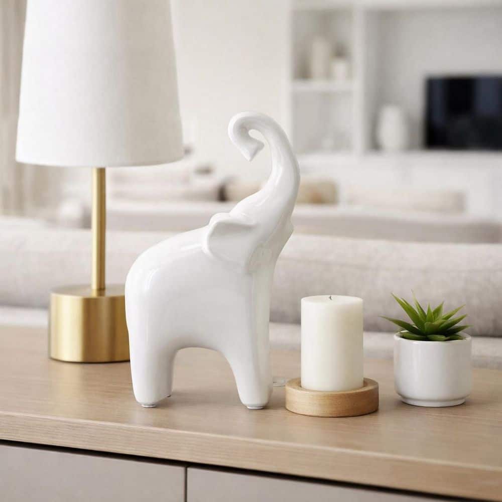 Liv & Skye White 6 in. x 11 in. Ceramic Modern Elephant Decorative