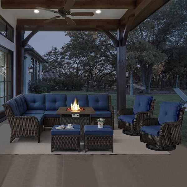 Brown 6-Piece Wicker Patio Fire Pit Set, Outdoor Sectional Seating Set with Olefin Navy Blue Cushions and Swivel Rockers